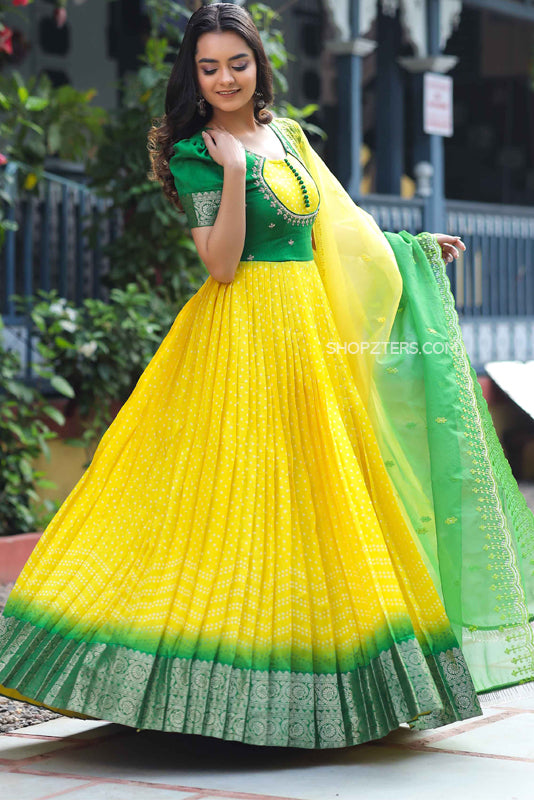 Yellow Bandhani Anarkali Dress