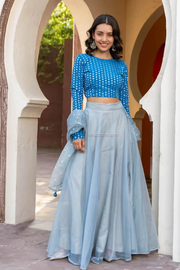Teal Banarasi Crop Top and Skirt with Dupatta