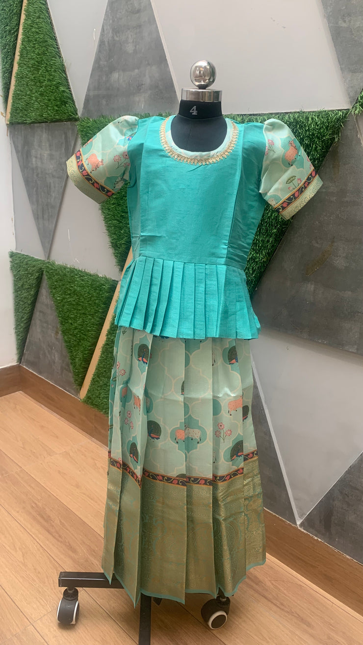 Pastel Bluish Green Pichwai Silk Dress