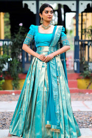 Peacock Blue Banarasi Silk Half Saree