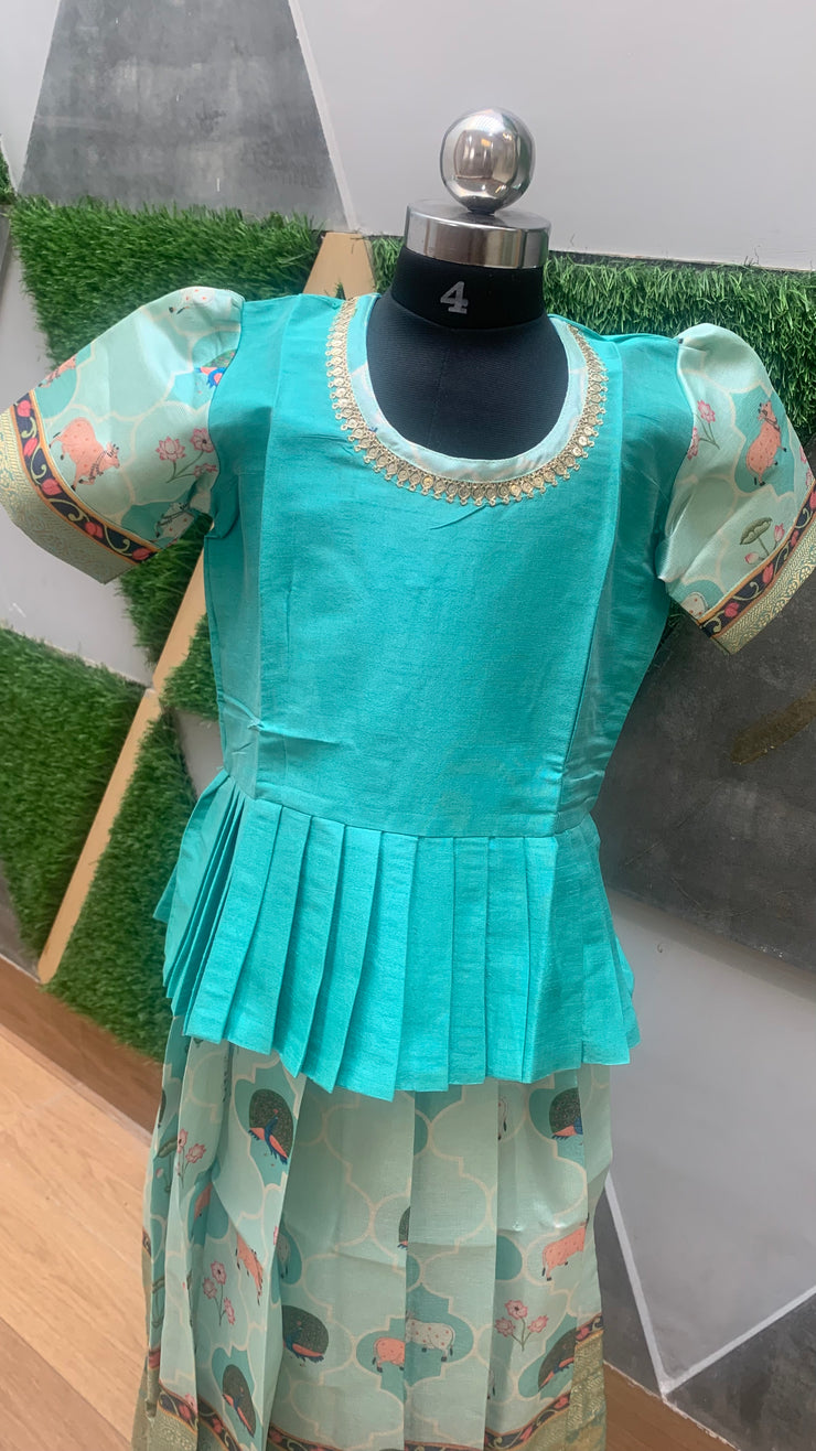 Pastel Bluish Green Pichwai Silk Dress