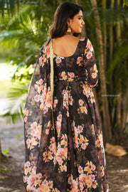 Black Floral Organza Anarkali Dress with Duppata