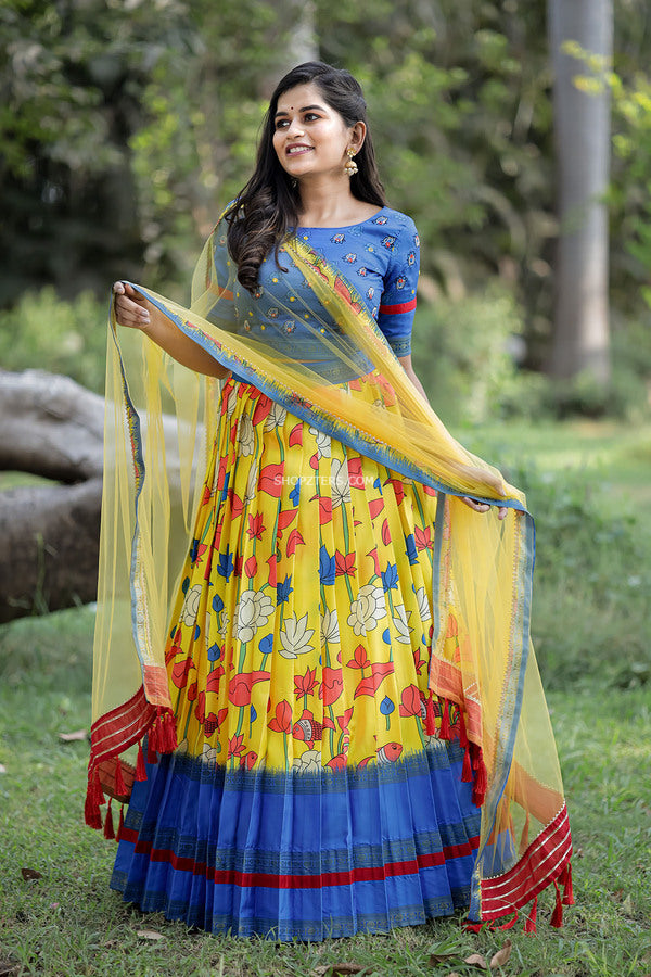 Blue Banarasi Crop top With Yellow Skirt Shopzters