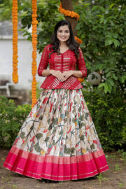 Red Creamy Kalamkari Embroidery Croptop & Skirt