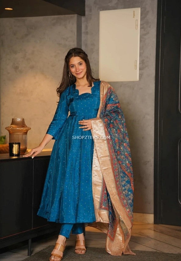 Buy Aqua Blue Silk Suit Set With Organza Dupatta for Women Online ...