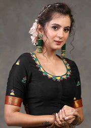 Black Cotton Silk Blouse With Sparrow Embroidery