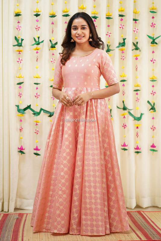 Peach Pink Semi Chanderi Maxi Dress