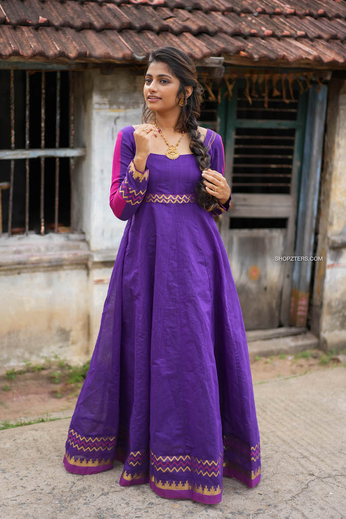 Purple Cotton Silk Dress with Border