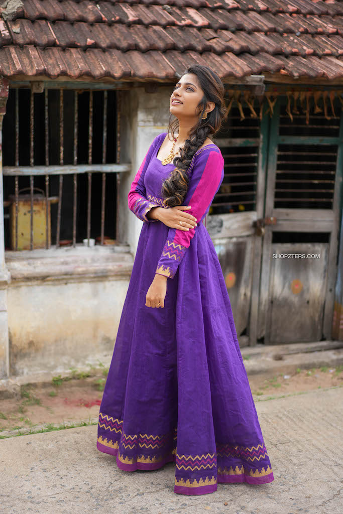 Purple Cotton Silk Dress with Border – Shopzters