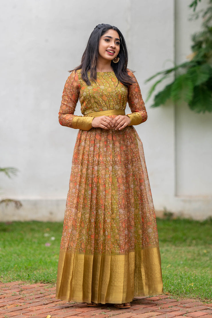 Green Antique Kalamkari Organza Dress