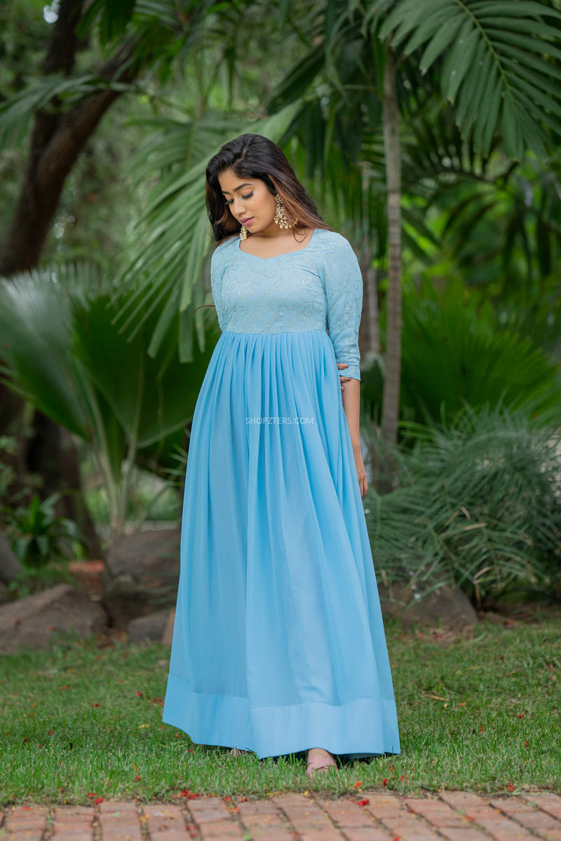 Partywear Dusty Blue Georgette Base Mirror Work Gown