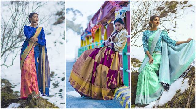 A Dreamy Photoshoot With Kanchipuram Silk Sarees In The Himalayan Snow