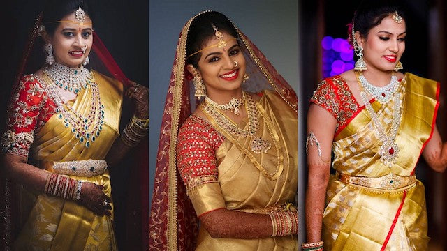 Wedding Saree Women, Golden Saree Bride, Saree Style Wedding