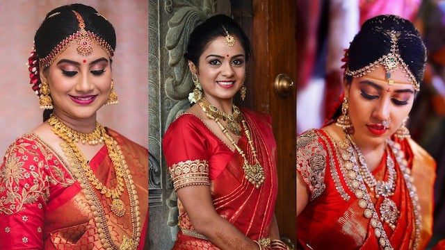 Photo of south indian bridal look with jewellery and red saree