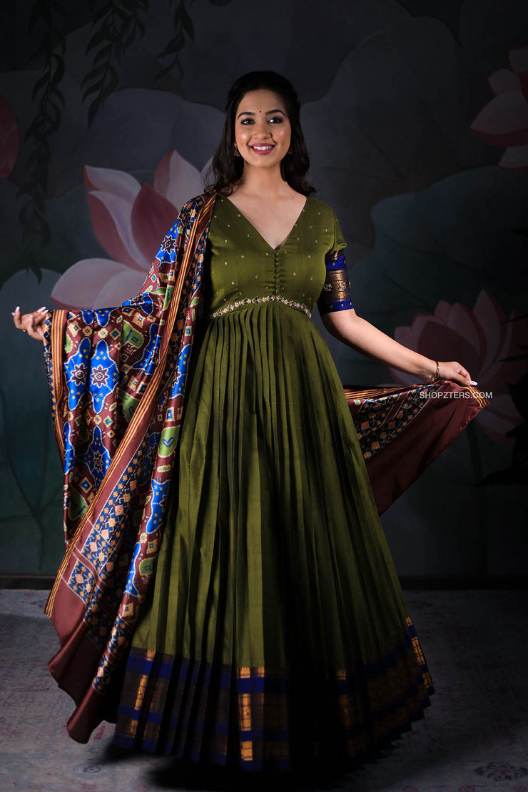 Olive Green Handloom Dress with Patola Dupatta