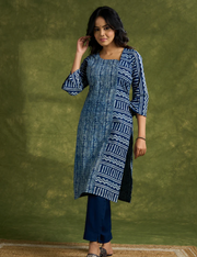 Stylish Indigo Cotton Asymmetric Neck Kurta