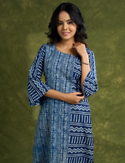 Stylish Indigo Cotton Asymmetric Neck Kurta