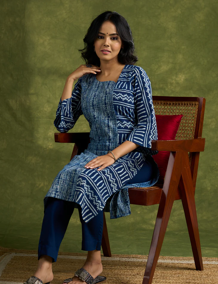 Stylish Indigo Cotton Asymmetric Neck Kurta