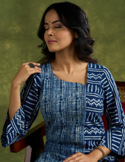 Stylish Indigo Cotton Asymmetric Neck Kurta