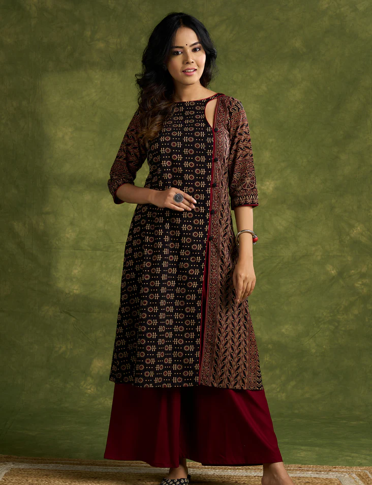 Chic Cotton Ajrakh Kurta With Black Asymmetric Neck