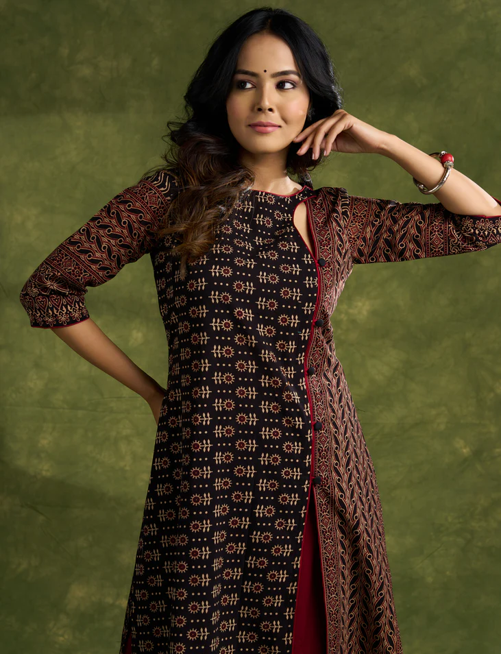 Chic Cotton Ajrakh Kurta With Black Asymmetric Neck