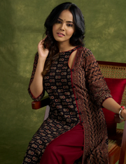 Chic Cotton Ajrakh Kurta With Black Asymmetric Neck