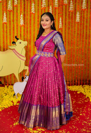Pinkish Wine Banarasi Silk Dress With Net Dupatta And Belt