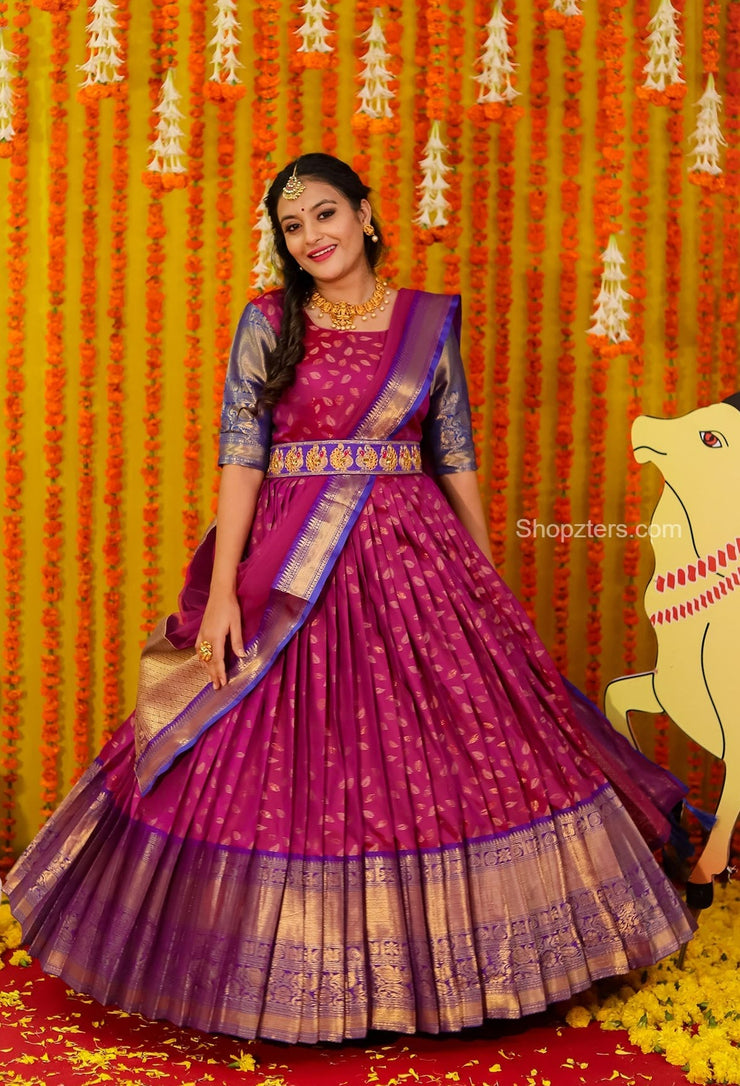 Pinkish Wine Banarasi Silk Dress With Net Dupatta And Belt