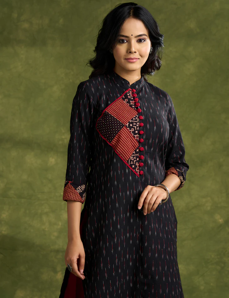 Smart Cotton Ikat Patch Work Kurta