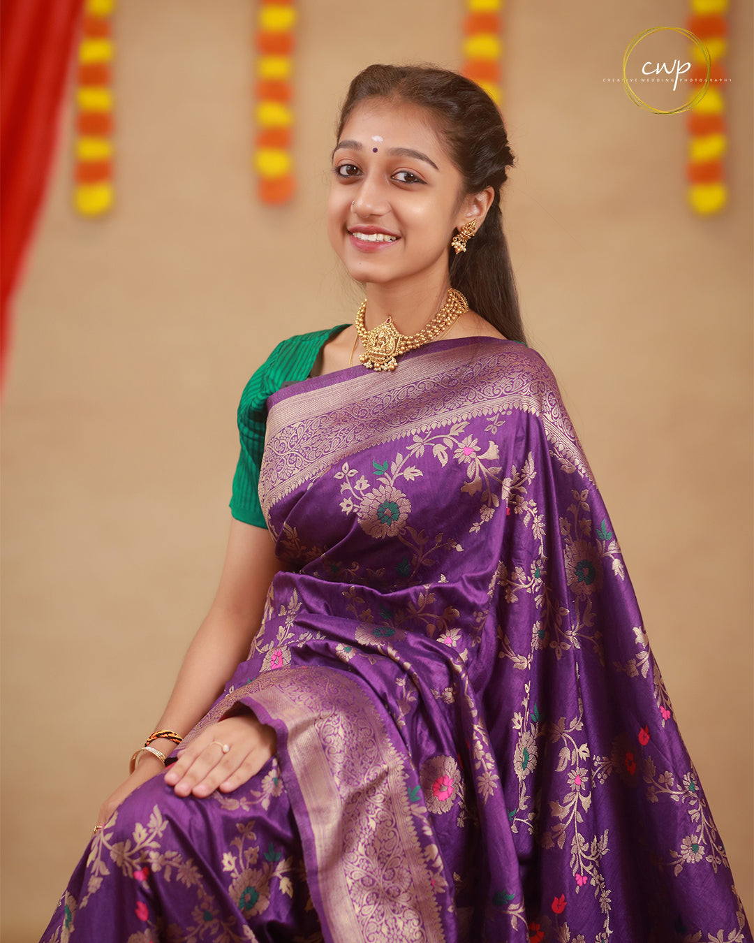 Purple Banarasi Saree With Silver Floral Motifs