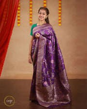 Purple Banarasi Saree With Silver Floral Motifs