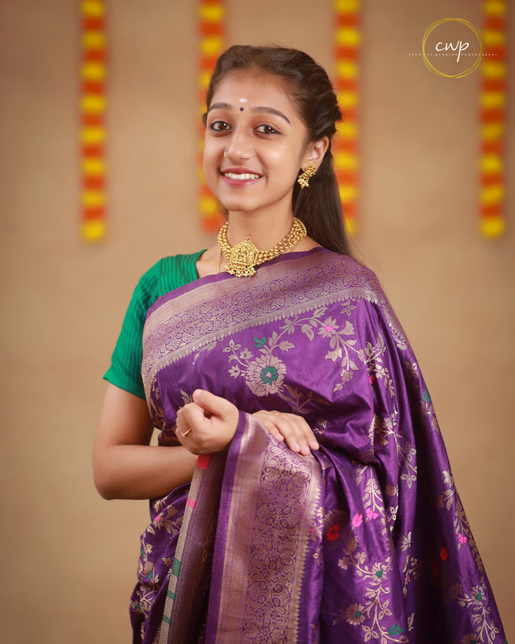 Purple Banarasi Saree With Silver Floral Motifs