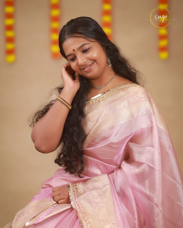 Pink Tissue Saree With Golden Border And Lace