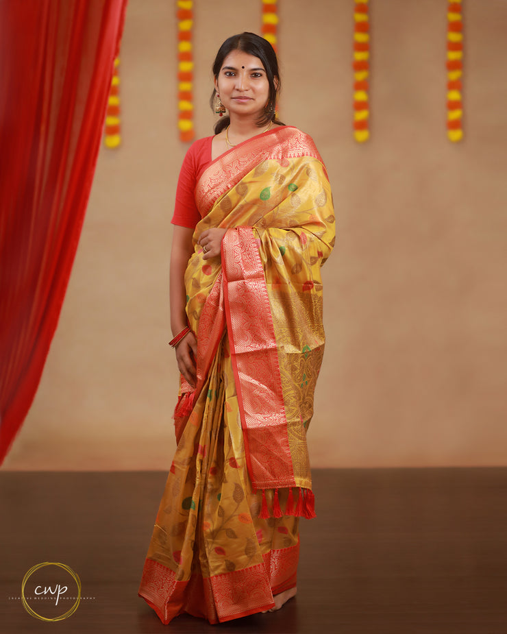 Yellow Banarasi Saree with Red Border