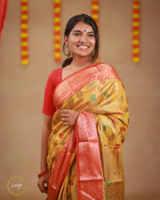 Yellow Banarasi Saree with Red Border