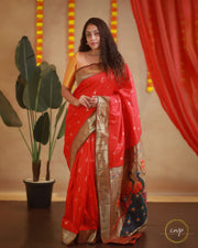 Red Paithani Saree With Peacock Print In Pallu