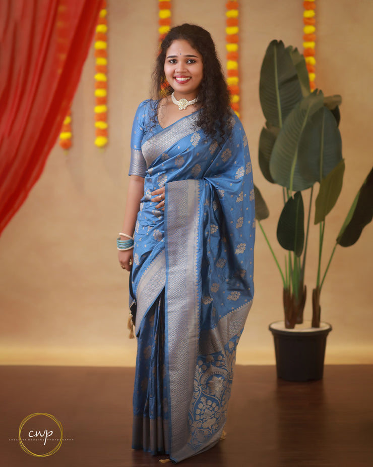 Powder Blue Banarasi Saree With Beautiful Motifs