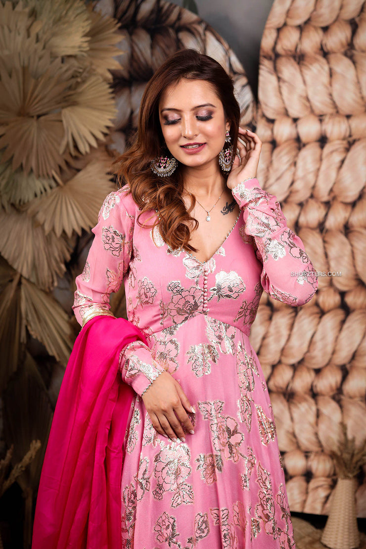Light Pink Jacquard Anarkali Dress With Dupatta