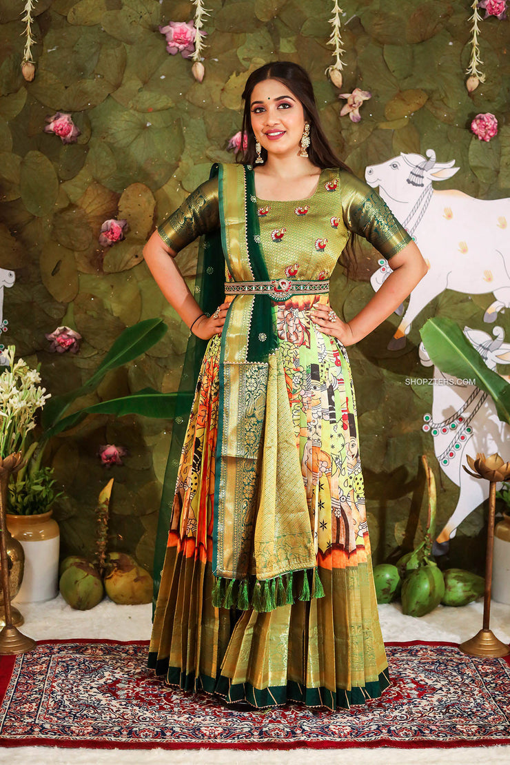 Green Kalamkari Dress with Net Dupatta