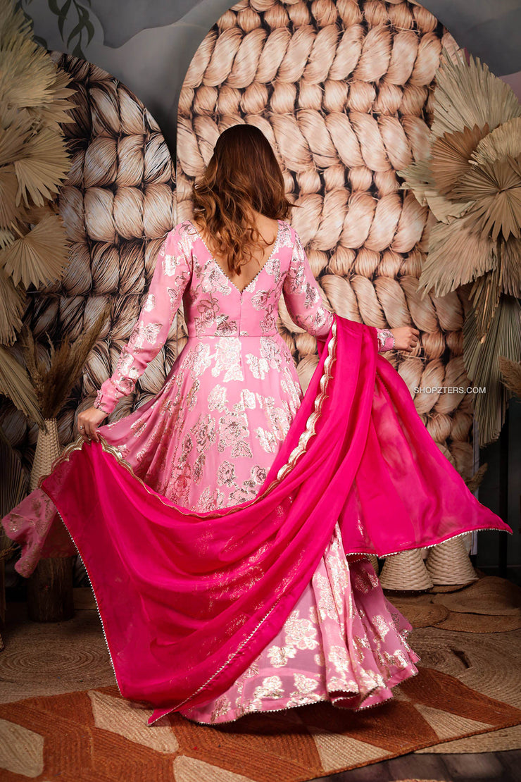 Light Pink Jacquard Anarkali Dress With Dupatta