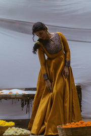 Yellow Semi Silk Dress with Brocade Patch Yoke