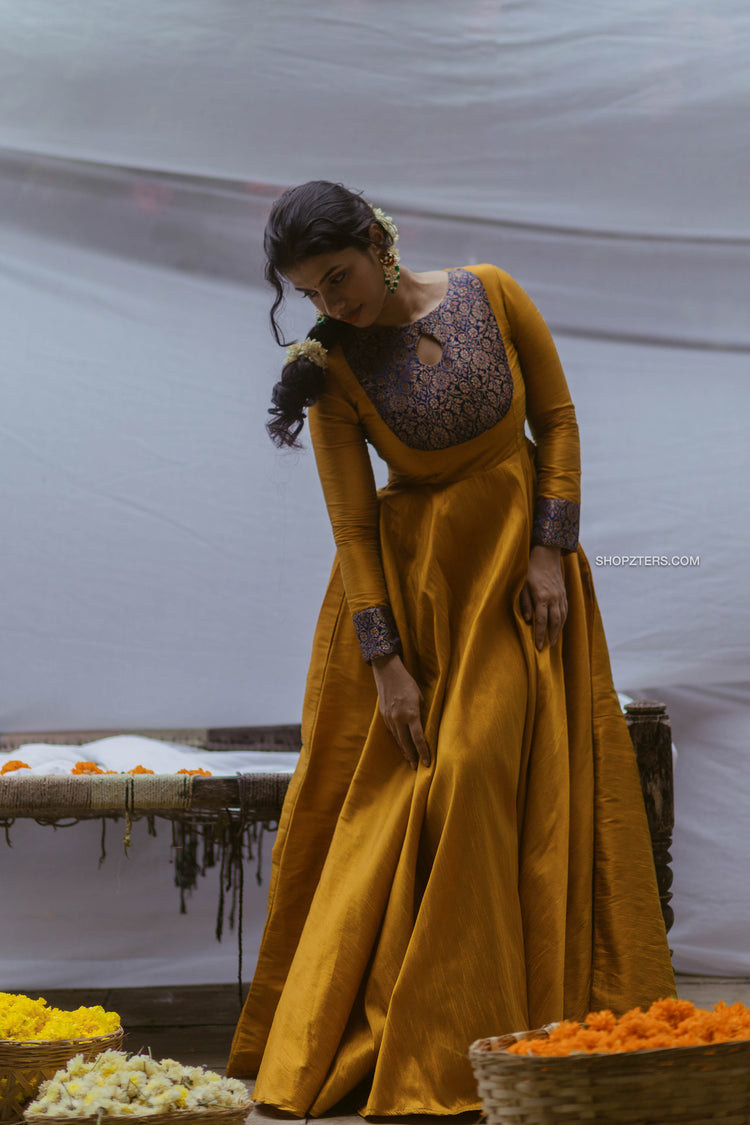 brocade silk dress Yellow Semi Silk Dress with Brocade Patch Yoke