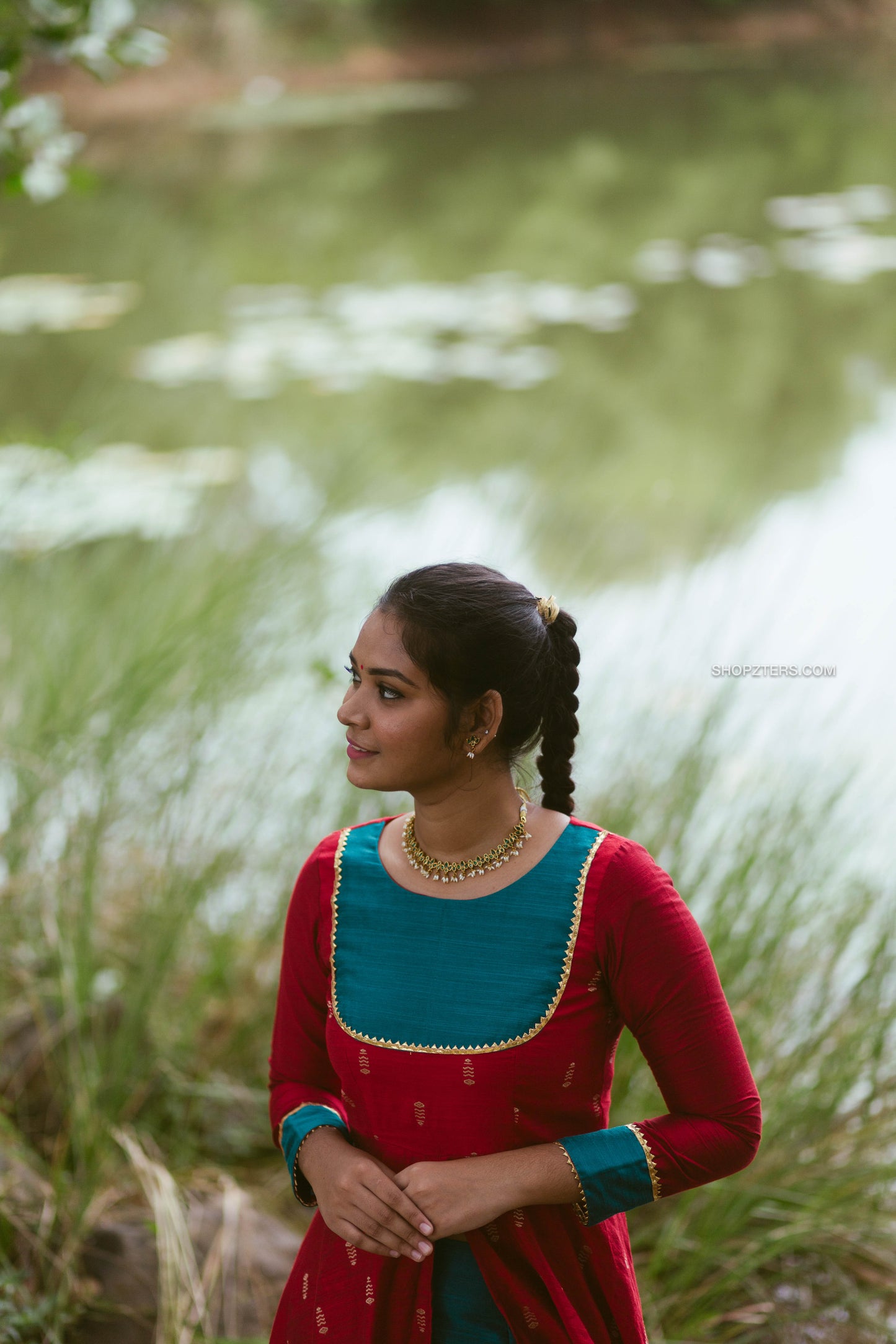 Red Indo Western Slit Dress with Blue Pant