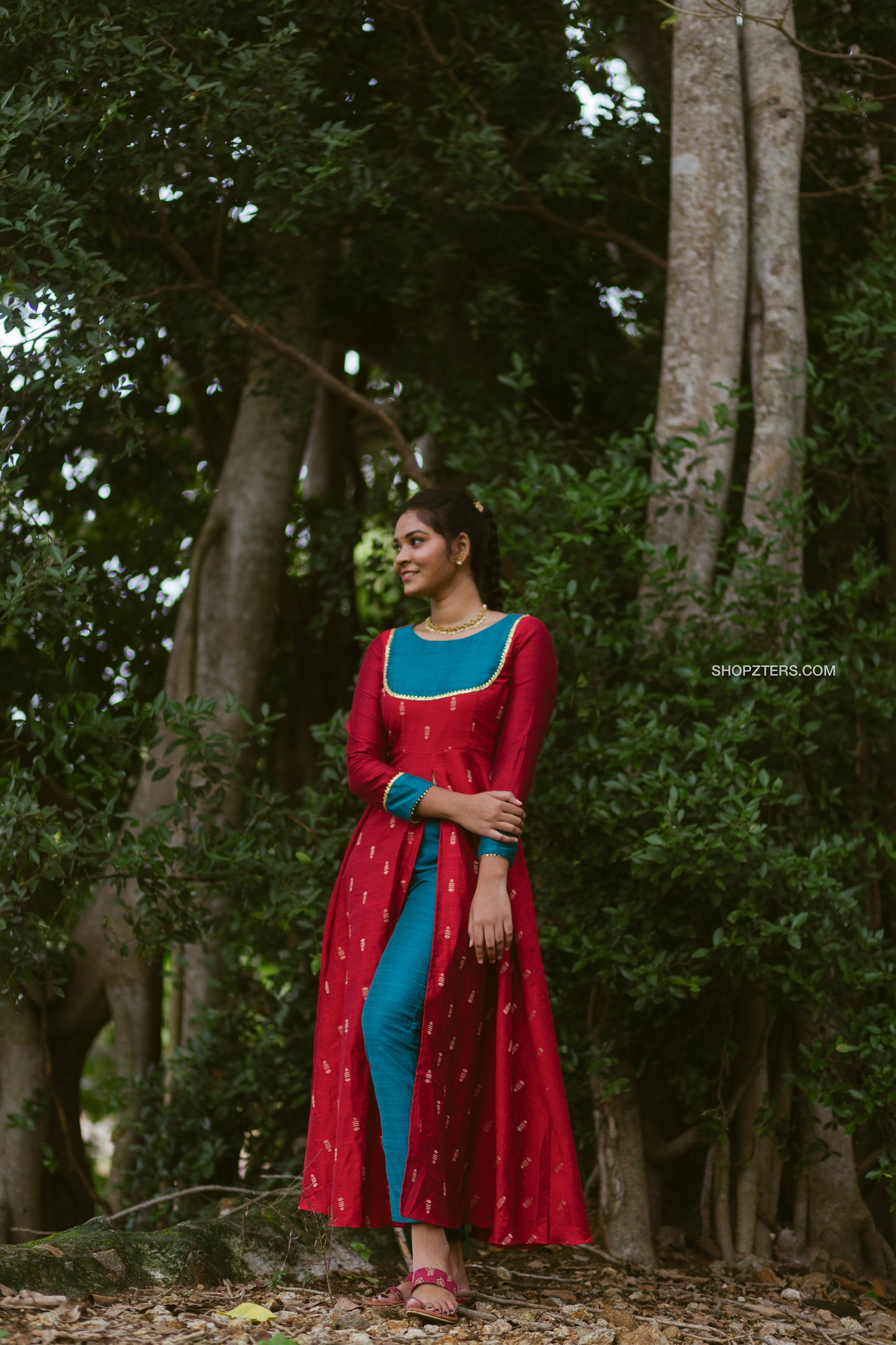 Red Indo Western Slit Dress with Blue Pant