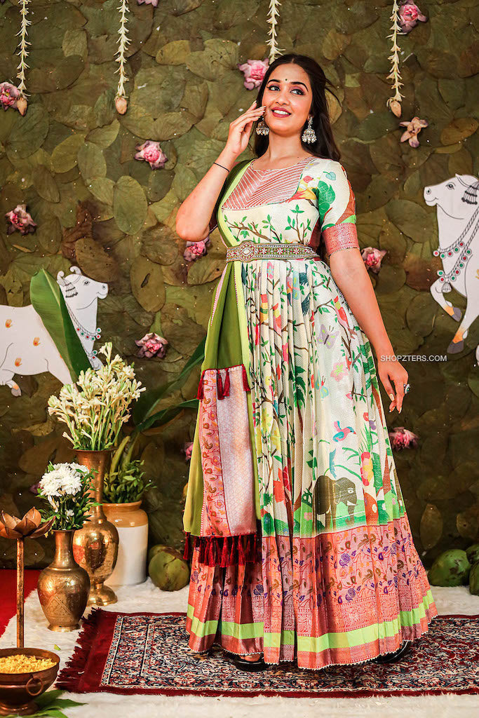 Ivory Banarasi Silk Dress with Green Georgette Dupatta