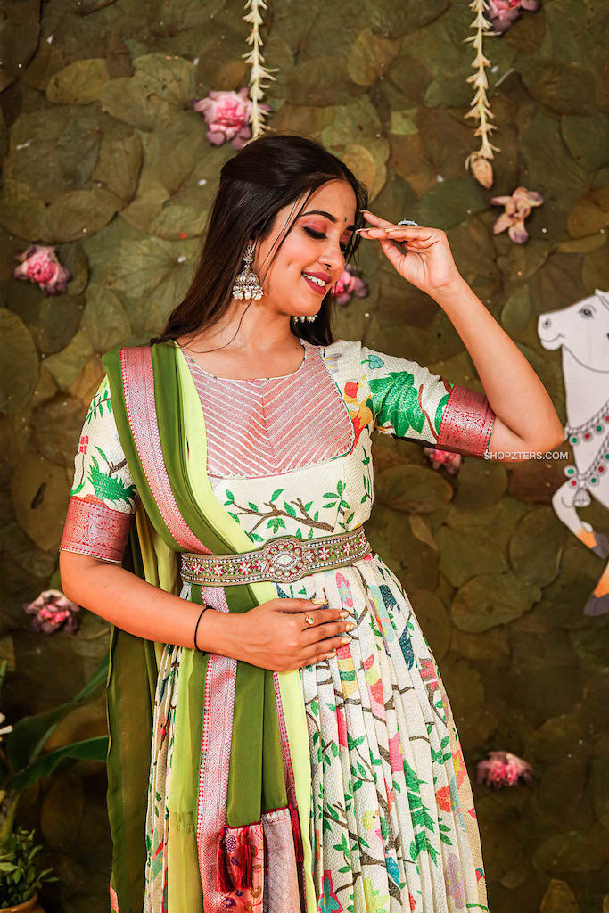 Ivory Banarasi Silk Dress with Green Georgette Dupatta