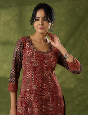 Maroon Scallop Neck Cotton Ajrak Kurta