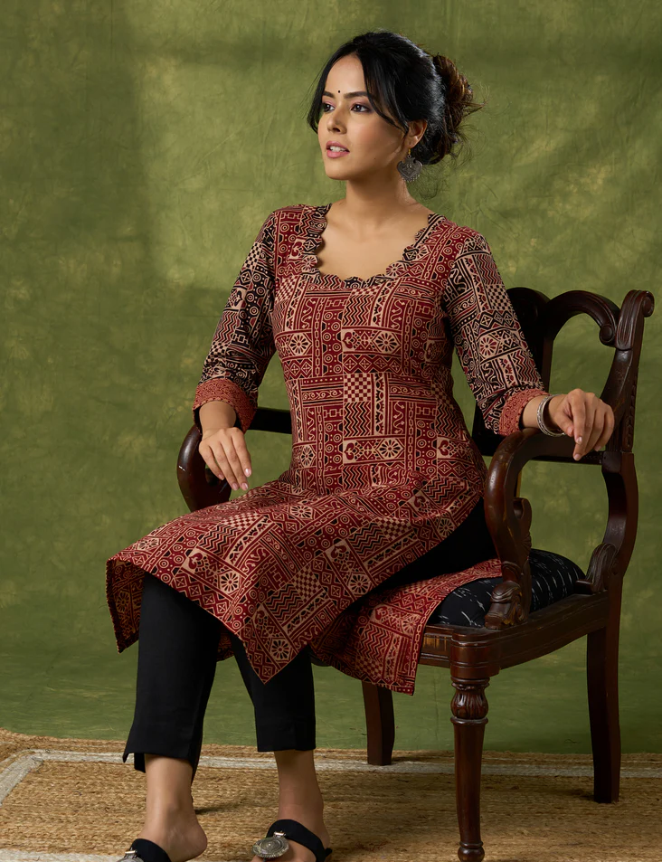 Maroon Scallop Neck Cotton Ajrak Kurta