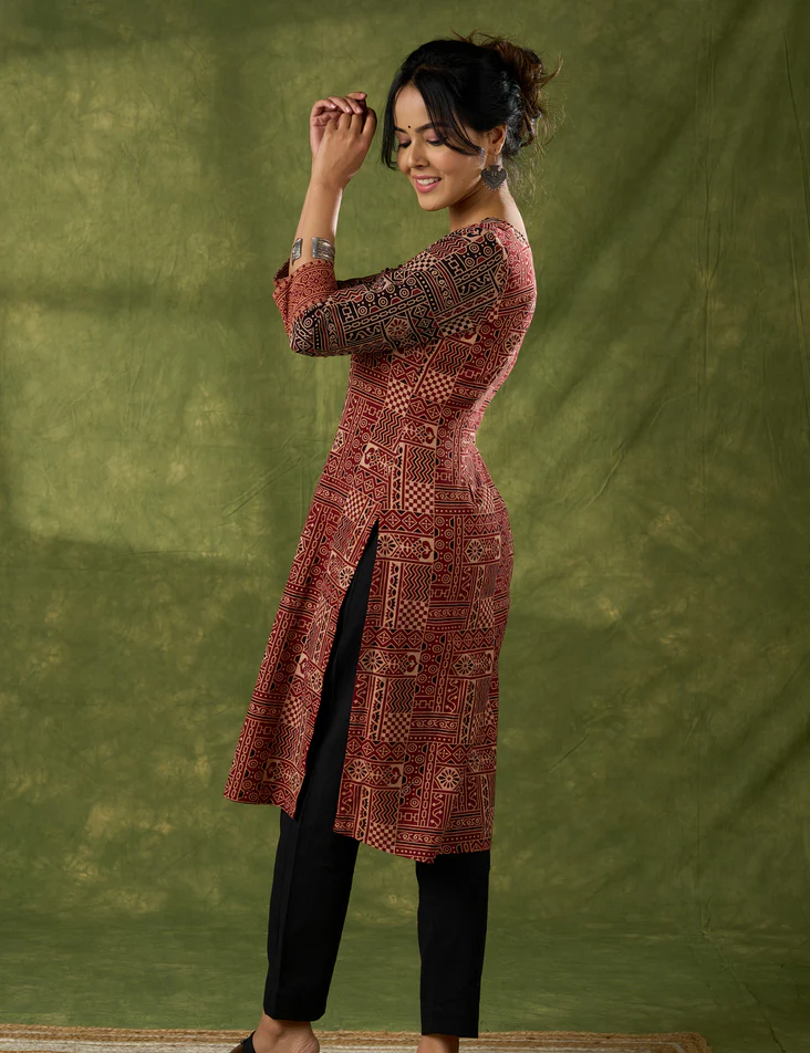 Maroon Scallop Neck Cotton Ajrak Kurta