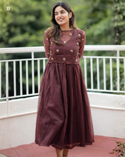Tinyphool Kota Doria Midi(Dress) in Brown